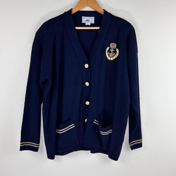 Vtg Bay Point Threads Preppy Nautical Theme Navy Blue Cardigan Women's Size XL - Picture 1 of 7